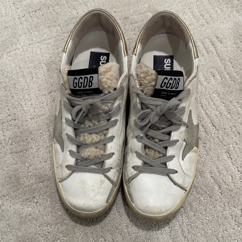 Authentic Shearling Golden Goose White and Silver Sneakers with Gold Accents